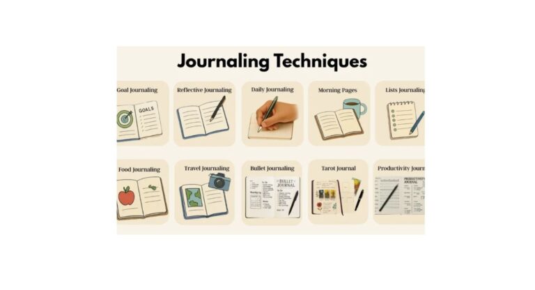 “Person writing in a journal with prompts for reflection, gratitude, and self-growth.”