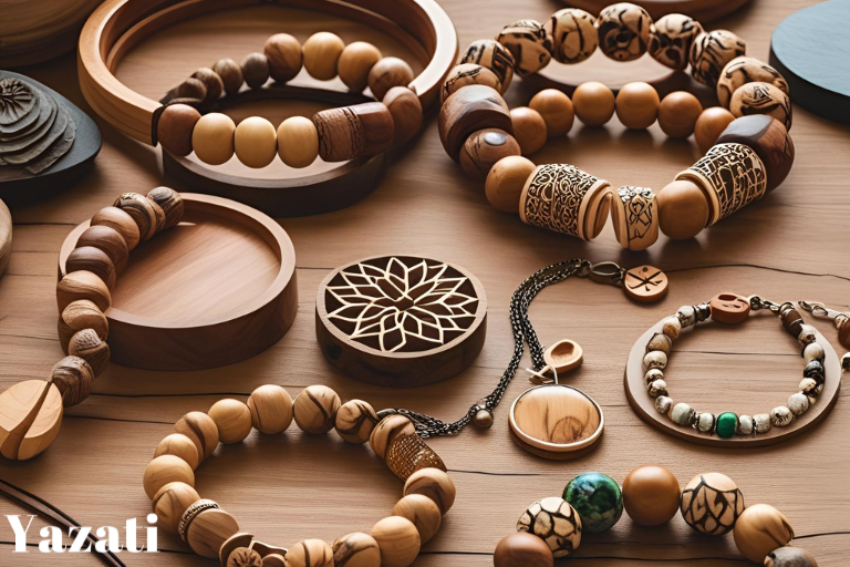 Elegant handcrafted wood jewelry for her featuring natural wooden earrings, necklaces, and bracelets designed for a stylish, eco-friendly look.