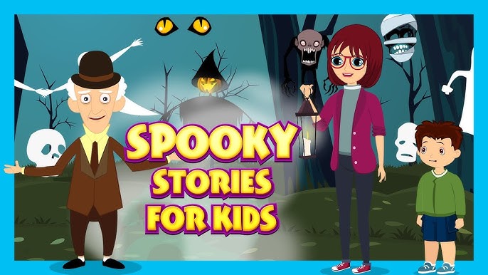Kids watching a spooky but fun horror cartoon with friendly ghosts and colorful animated monsters on screen.